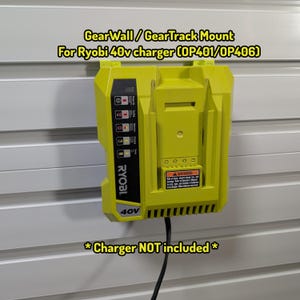 May include: A lime green GearWall and GearTrack mount for a Ryobi 40v charger, models OP401 and OP406. The mount features text reading GearWall / GearTrack Mount For Ryobi 40v charger (OP401/OP406) and *Charger NOT included*.