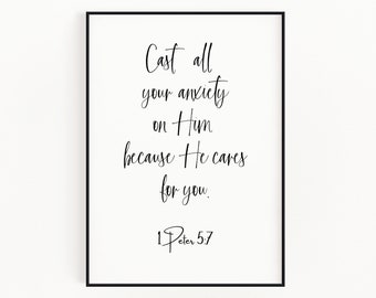 Elenco toda su ansiedad en él impresión de arte / 1 Peter 5:7 imprimible / Biblia verso impresión / arte de pared cristiana