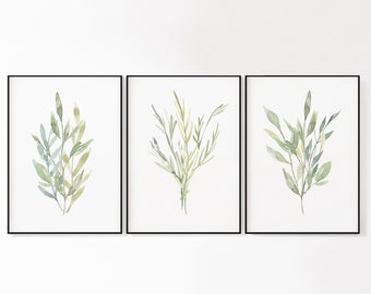Botanical Wall Art Set | Set of 3 Botanical Prints | Green Leaf Prints | Leaf Artwork | Watercolor Botanical Prints | Entryway Artwork