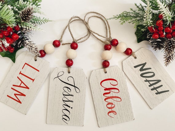 Personalized Christmas Stocking Tags Wooden Name Tag Beaded