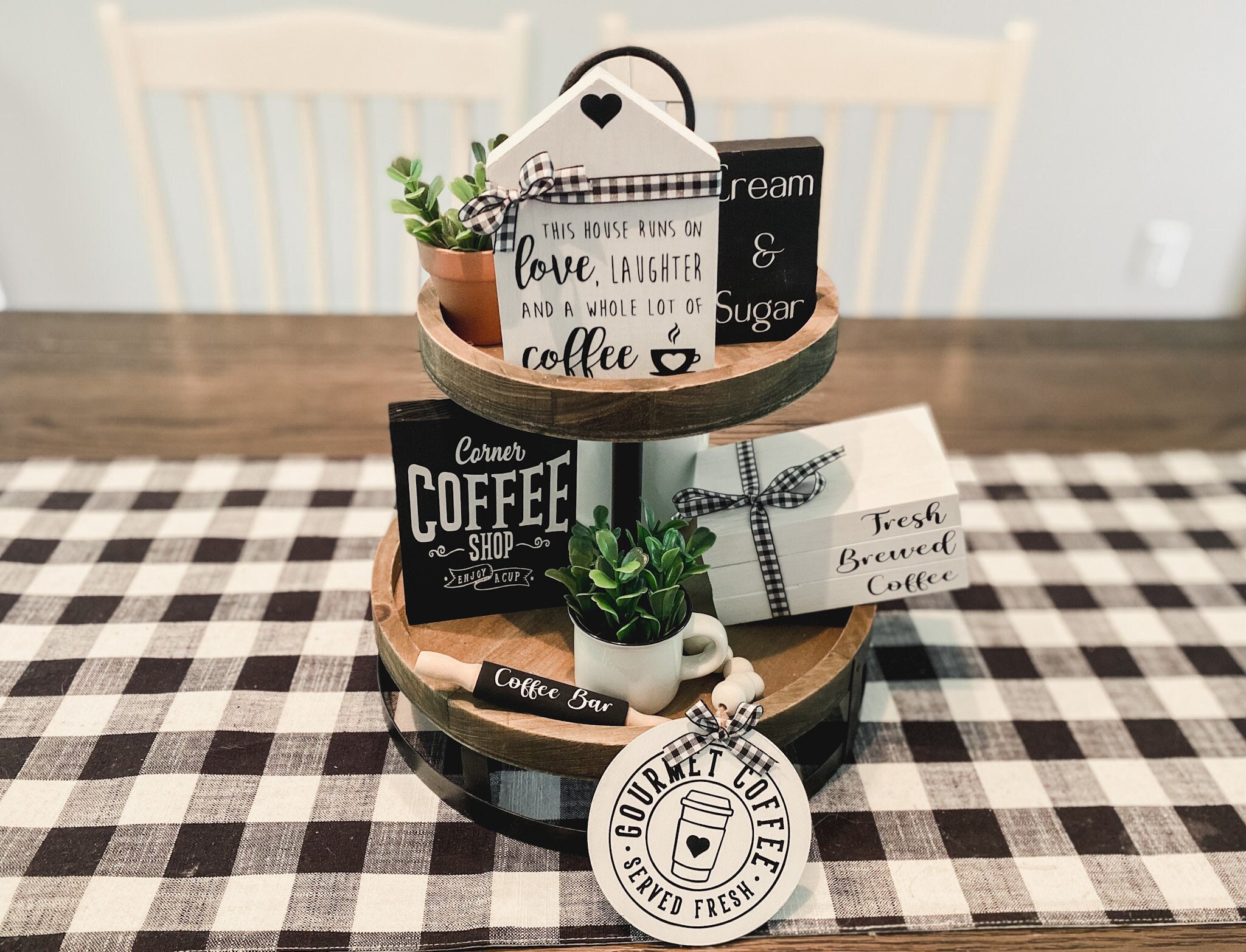 GENMOUS Farmhouse Coffee Tiered Tray Decor Set Mini Items For Coffee Bar  Set Up Decor, White Tiered Tray Decorations with Wood Book Stack, Coffee