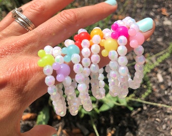 Mickey Mouse Head Beaded Kid's Bracelet | Multiple Colors Available with Opal White Faceted Beads (Pink, Blue, Green, Orange, Red) | Disney