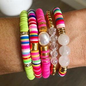 Summer Heishi Bracelet Stack | 6mm Heishi Beads | Summertime | Gold and Pearl Accents | Summer Bracelet Set | Summer Vibes