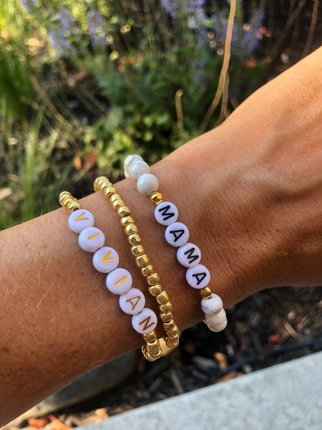 Custom Personalized Simple Gold Beaded Name Bracelet With Gold Letter ...
