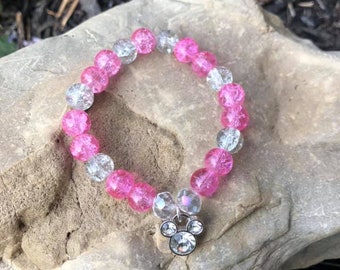 Pink Mickey Mouse Head Beaded Bracelet with Silver Diamond Charm | Minnie Mouse Inspired | Girls Bracelet