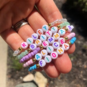 Rainbow Letter Personalized Kid&#39;s Beaded Bracelet - Multiple Colors (Clear, Mint Green, Pink, Purple, Shiny Purple, Blue) | Name Bracelet