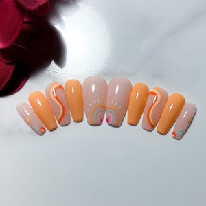Orange Abstract Press on nails | Spring nails | Summer nails | Glossy nails | Girly nails | Swirl nails | Flower nails | Simple nails