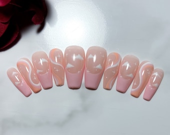 Pink Fantasy Press On Nails | French tip nails | Swirl nails | Cloud nails | Girly nails | Glossy nails | Reusable nails