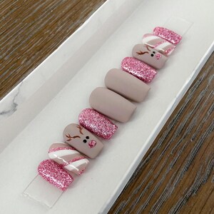 Christmas Reindeer Candy Cane Glitter Holiday Press-On Nails image 2