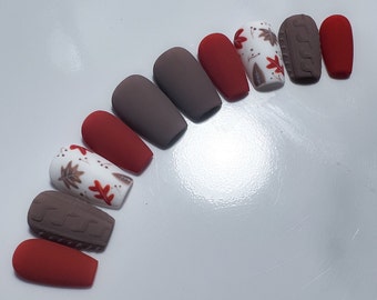 Fall Leaf & Sweater Press - On Nails | Holiday nails | Matte nails | Fall nails | Detailed nails | Hand painted nails | Girly nails