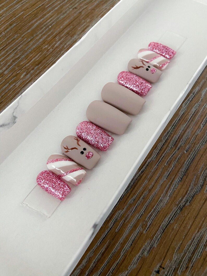 Christmas Reindeer Candy Cane Glitter Holiday Press-On Nails image 2