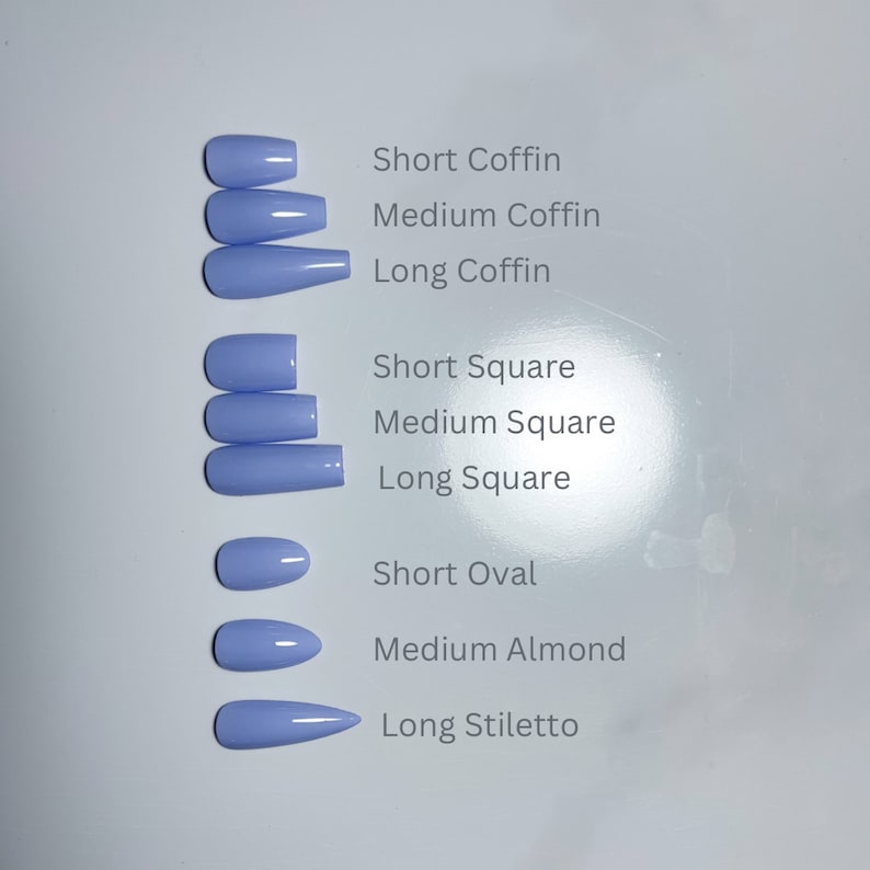 May include: A guide to different nail shapes, including short, medium, and long coffin, square, oval, almond, and stiletto. The nails are a light blue color.