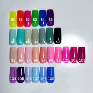 May include: A color chart of 19 different nail polish colors, numbered 80 through 109. The colors include neon yellow, orange, pink, green, blue, purple, teal, sage green, black, peach, pink, coral, red, magenta, lavender, dark purple, light blue, sky blue, and royal blue.