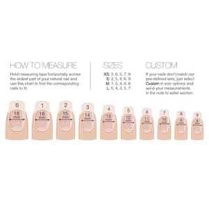May include: A chart showing how to measure your nails for custom press-on nails. The chart shows different nail sizes in millimeters, ranging from 8 mm to 18 mm. The chart also includes size options for pre-defined sets: XS, S, M, and L. The text "Custom" is included for custom sizing options.