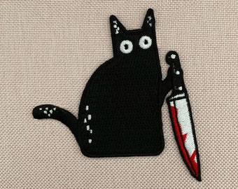 Urbanski Patch crazy black cat with knife to iron 7 x 7 cm | Patch Application Ironing Image