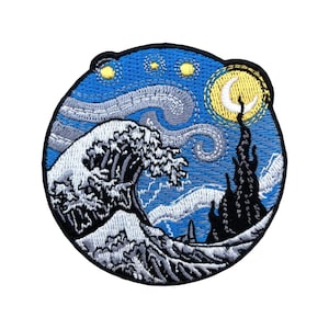 Urbanski Patch The Great Wave in Van Gogh style for ironing 7 x 7 cm | Patch application iron-on image
