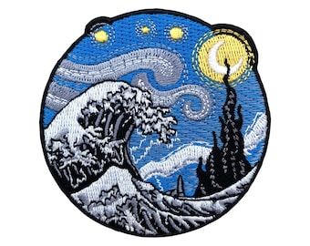 May include: Embroidered patch featuring a blue and white wave with a starry night sky background. The wave is in the style of the Great Wave off Kanagawa, and the sky is in the style of Vincent van Gogh's Starry Night.