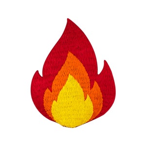 Könnte beinhalten: Gestickter Bügel-Patch mit einem roten, orangen und gelben Flammen-Design.
