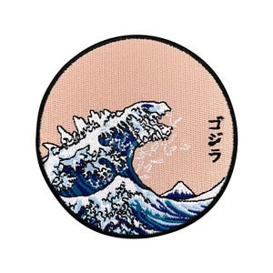 Urbanski Patch Godzilla and the Great Wave of Kanagawa (round) for ironing 8.5 x 8.5 cm | Patch application iron-on image