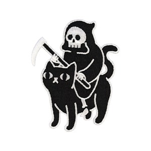 Urbanski パッチ 死は黒猫に乗る 死神 死神 アイロン接着 8 x 6.2 cm |パッチ適用アイロン接着イメージ