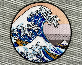 Urbanski Patch The Great Wave au large de Kanagawa (rond) pour le repassage de 8,5 x 8,5 cm | Image du temple de l’application patch