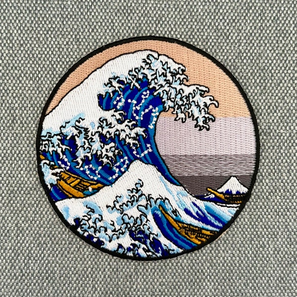 Urbanski Patch The Great Wave au large de Kanagawa (rond) pour le repassage de 8,5 x 8,5 cm | Image du temple de l’application patch