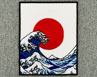 Urbanski Patch The Great Wave off Kanagawa met Japanse vlag voor strijken 9 x 7 cm | Patch applicatie tempel afbeelding