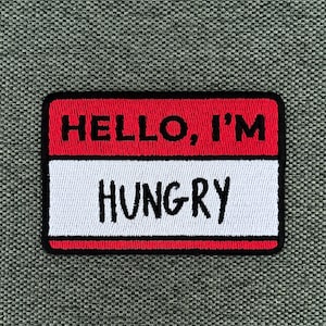 Urbanski Patch Hello I'm Hungry Schild zum Aufbügeln 5,5 x 8,1 cm Aufnäher Applikation Bügelbild Bild 1