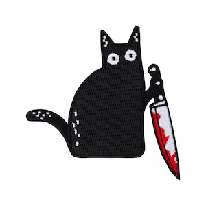 Urbanski patch gekke zwarte kat met mes om op te strijken 7 x 7 cm | Patch-applicatie opstrijkbare afbeelding