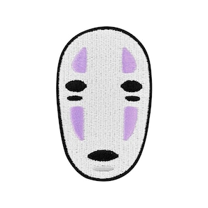May include: White embroidered patch with a black outline, depicting a No Face mask from the animated film Spirited Away. The mask has purple eyes and a black mouth.