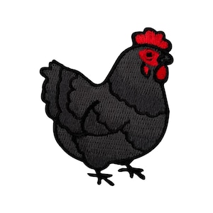 May include: Black embroidered iron-on patch of a chicken with a red comb and wattle.