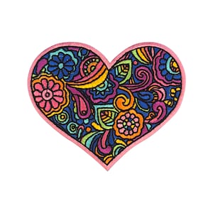 May include: A pink heart-shaped patch with a colorful paisley design. The design features swirls, flowers, and leaves in shades of pink, blue, green, yellow, and orange.