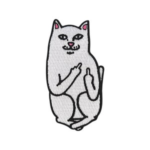 Peut inclure: Chat blanc avec contour noir, assis avec les deux doigts du milieu levés, dans un style cartoon.