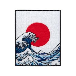 Parche de Urbanski "La Gran Ola de Kanagawa" con la bandera de Japón para planchar (9 x 7 cm) | Parche termoadhesivo con imagen.