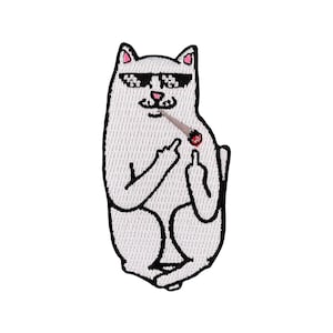 May include: White cat with sunglasses and a cigarette in its mouth, giving the middle finger with both hands. The cat is sitting down and has a pink nose.
