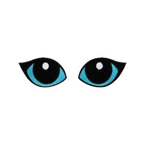 Peut inclure: Une paire d'yeux de dessin animé bleus et noirs avec des pupilles blanches. Les yeux sont brodés et ont un style fantaisiste et cartoon.