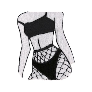 May include: Embroidered patch depicting a stylized figure in black lingerie. The design includes a black bra, high-waisted underwear, and fishnet stockings, set against a white background. Suitable for clothing or accessories.