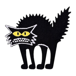 May include: Black embroidered iron-on patch of a cartoon cat with yellow eyes and a jagged mouth. The cat has a spiky outline and is standing on all fours.