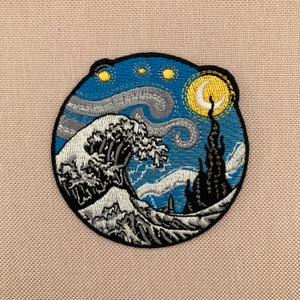 Urbanski Patch The Great Wave in Van Gogh style for ironing 7 x 7 cm | Patch Application Ironing Image