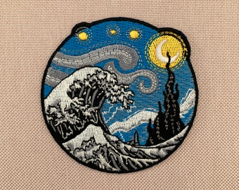 Urbanski Patch The Great Wave in Van Gogh style for ironing 7 x 7 cm | Patch Application Ironing Image