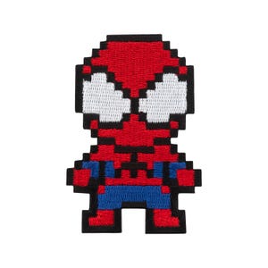 May include: Embroidered patch featuring a pixelated Spider-Man design. The patch shows the superhero in his classic red and blue suit, with white eyes and black outlines. The design is reminiscent of retro video game graphics.