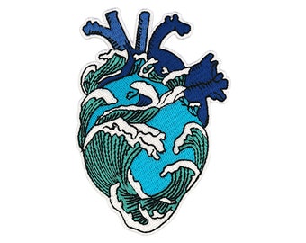 Parche Urbanski mar océano ola azul corazón anatómico para planchar 10 x 7 cm | Imagen termoadhesiva de aplicación de parche