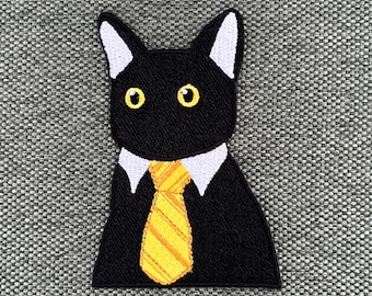 Urbanski Patch süße Business Katze mit gelber Krawatte zum Aufbügeln 8 x 5,4 cm | Aufnäher Applikation Bügelbild