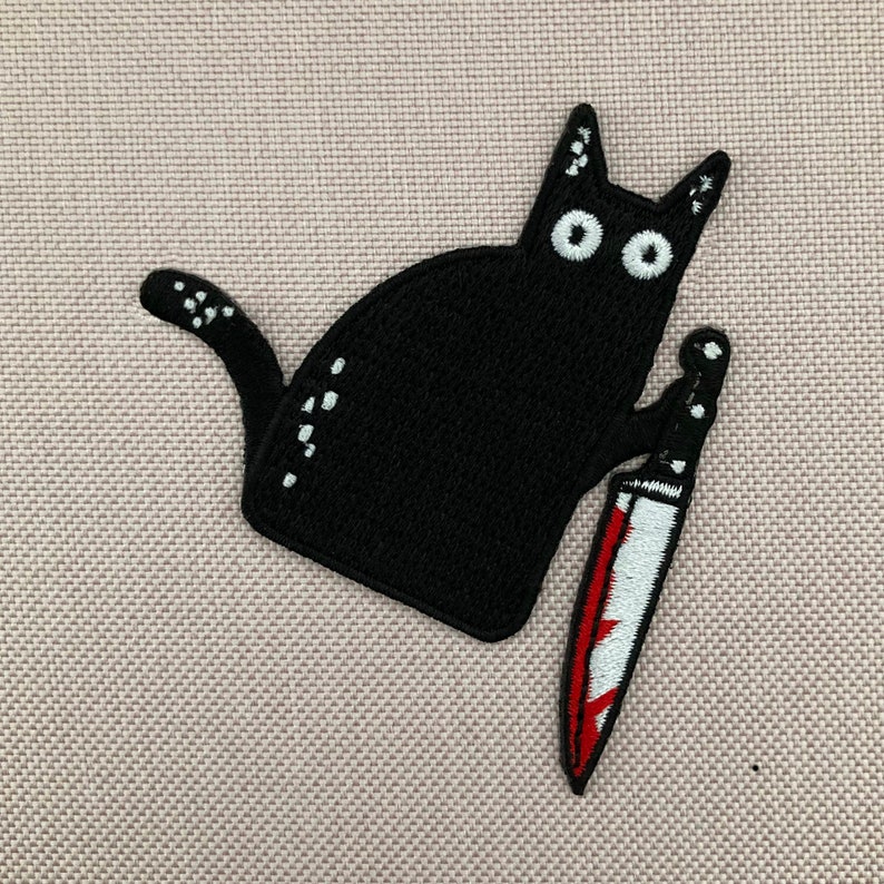 Urbanski Patch verrückte schwarze Katze mit Messer zum Aufbügeln 7 x 7 cm Aufnäher Applikation Bügelbild Bild 3