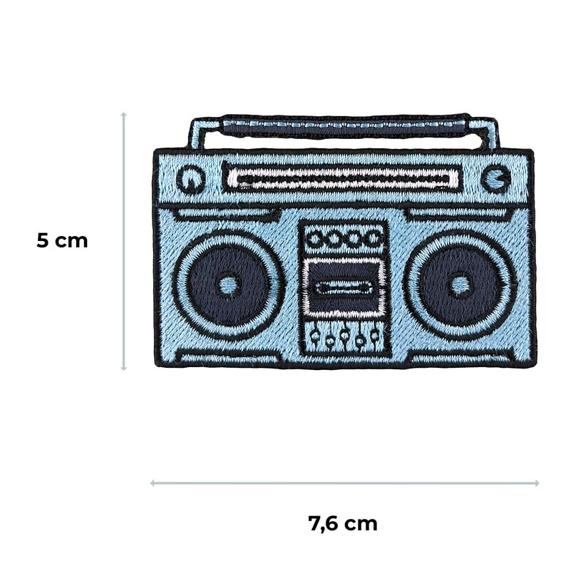 May include: A light blue embroidered patch of a vintage boombox with a cassette tape player, measuring 7.6 cm by 5 cm.