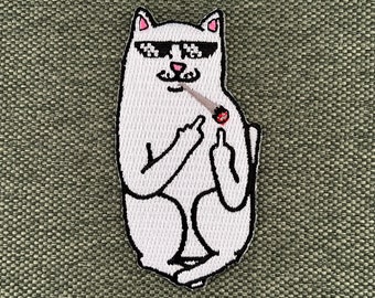 Urbanski Patch Thug Life Katze mit Brille zeigt Finger zum Aufbügeln 8 x 4,3 cm | Aufnäher Applikation Bügelbild