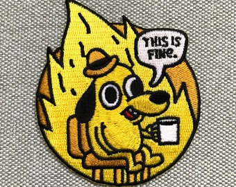 Urbanski Patch dog in burning house This Is Fine to iron 8 x 7 cm | Patch Application Ironing Image