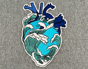 Urbanski Patch Sea Ocean Wave blue anatomical heart to iron 10 x 7 cm | Patch application temple picture