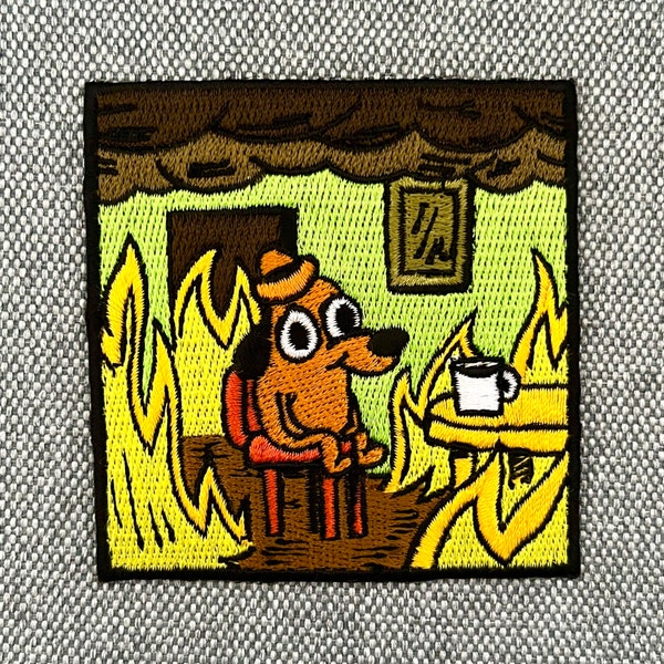 Urbanski Patch dog in burning house dog in burning house this is fine #2 to iron on 7.3 x 7.3 cm | Patch application iron-on