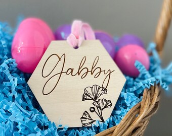 Right Flower Hexagon Personalized Easter Basket Tag, Custom Easter Name Tag, Floral Easter Basket Tag, Reusable Easter Basket Name Tag